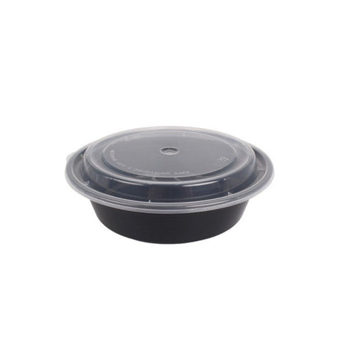 Lunch Box Round Plastic Container Black And Lids 32oz 150 Pack/Case