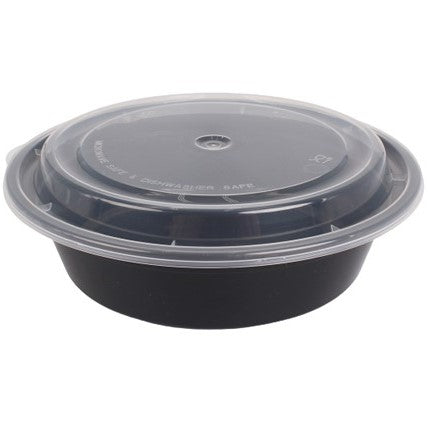 Lunch Box Round Plastic Container Black And Lids 32oz 150 Pack/Case